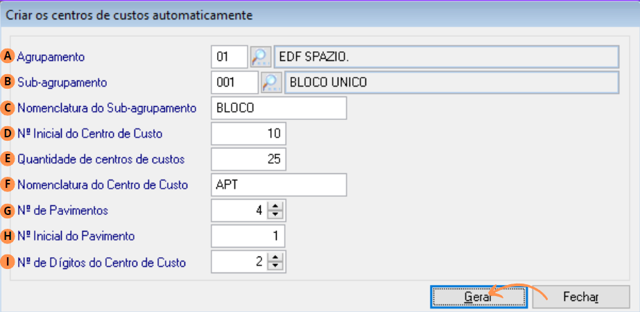 Gerando centro de custo automaticamente: - Em seguida a tela de Geração Automática será apresentada:
